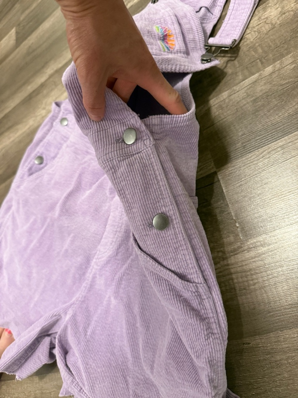 BP. MED. Lavender Corduroy Short Overalls with Rainbow Patch - Picture 3 of 4